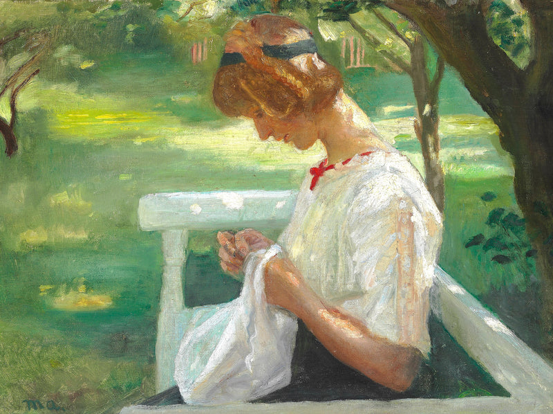 Ella Saxild is sewing in the garden on a summer's day. - Michael Peter Ancher