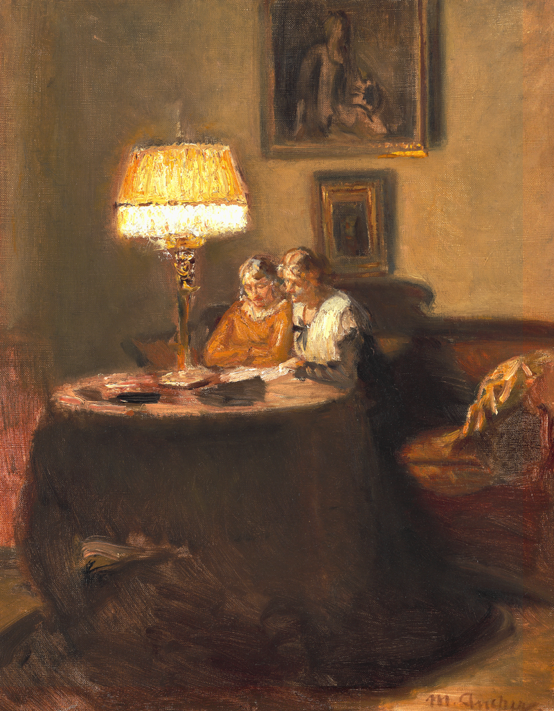 Ella and Engel, sitting at the table on the red sofa in Michael Ancher's studio, are reading a book. - Michael Peter Ancher