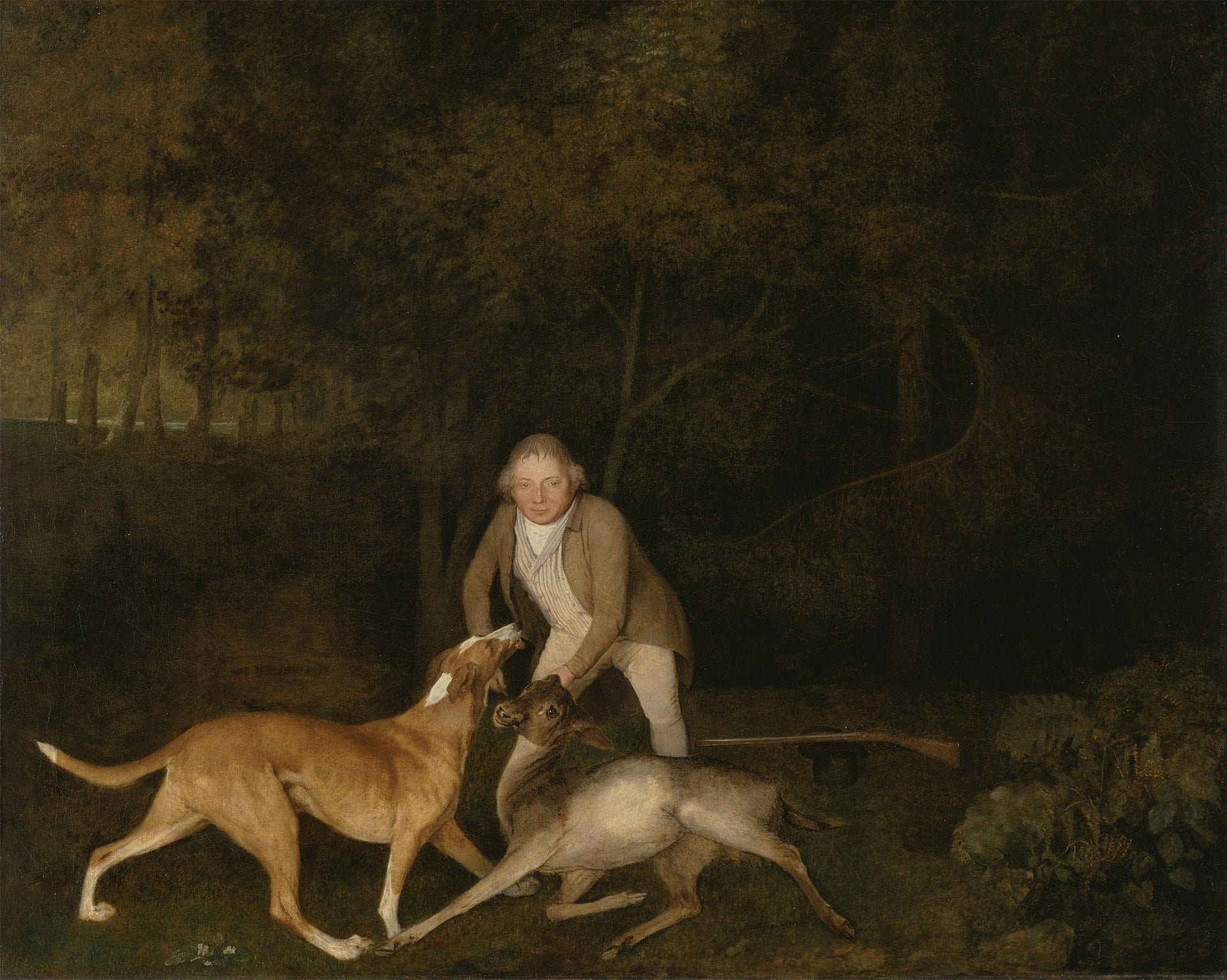 Freeman, le garde-chasse du comte de Clarendon, avec une biche mourante et un chien - George Stubbs
