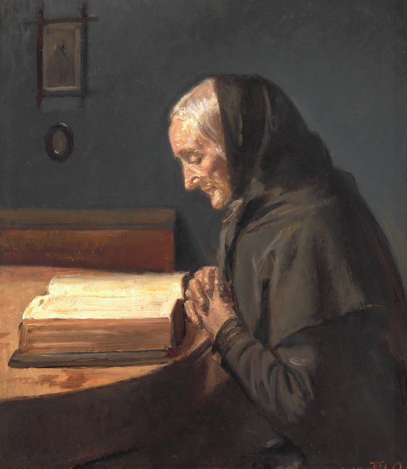 Interior with Ane Brøndum, the artist's mother-in-law, in profile, reading the Bible. - Michael Peter Ancher