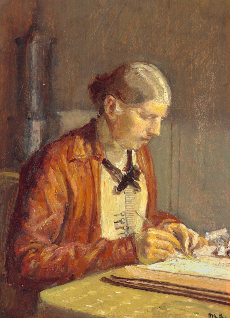 Interior shot with Anna Ancher, the artist's wife, painting. - Michael Peter Ancher