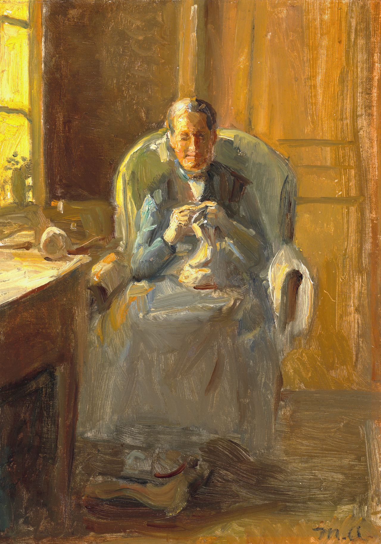 Interior with a woman knitting in the sun by the window. - Michael Peter Ancher