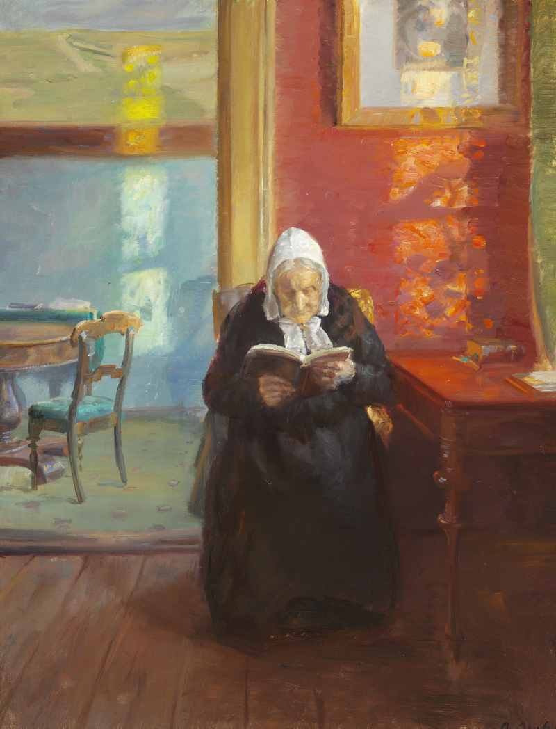 Interior of the red room with the artist's mother, Ane Brøndum, reading - Anna Ancher