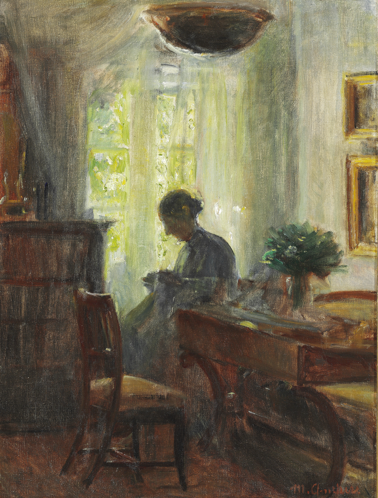 Interior of the artist's home. Anna Ancher at her embroidery work - Michael Peter Ancher