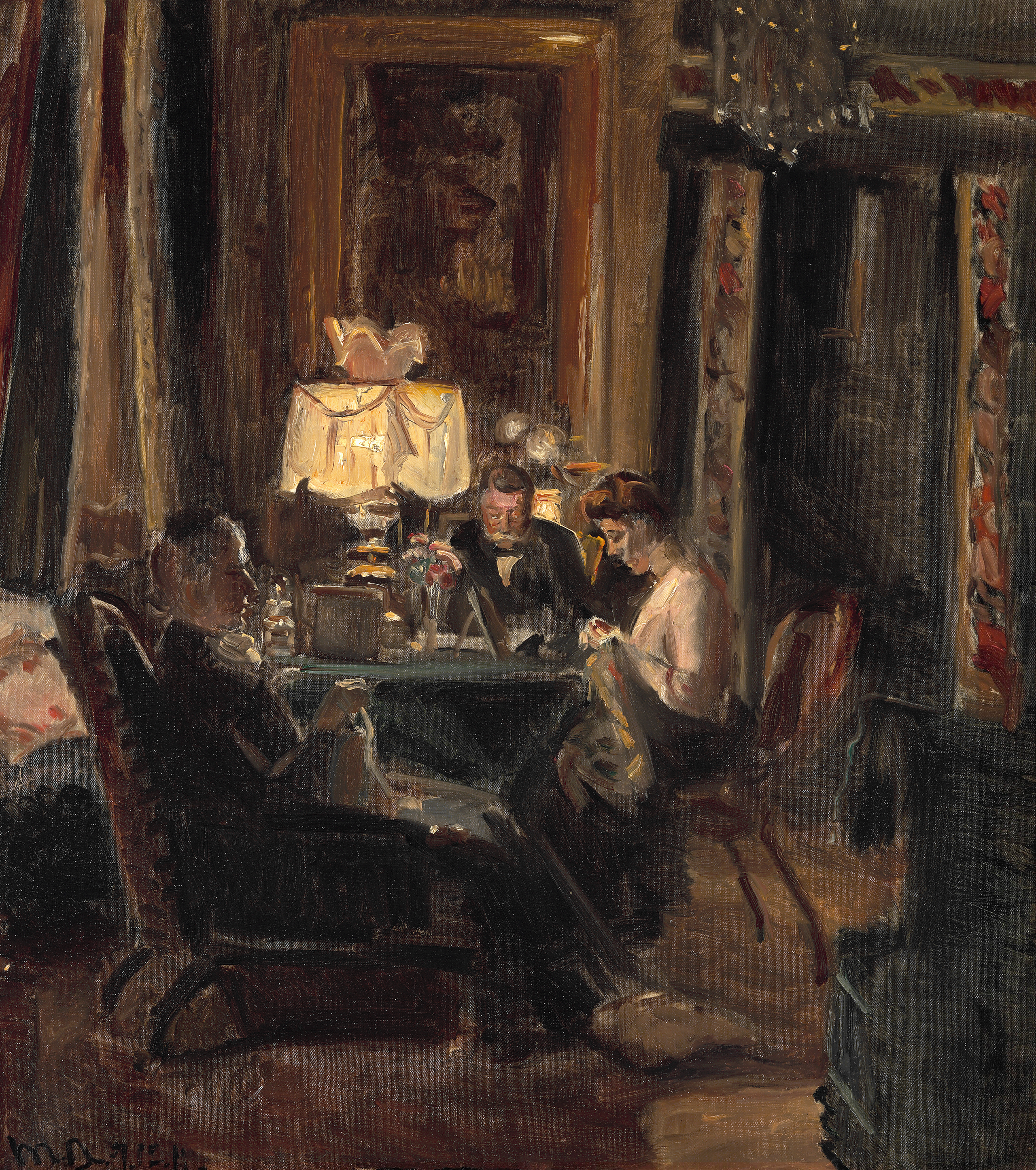 Interior of the Kruuseminde living room with the Bech family seated at the table by lamplight. - Michael Peter Ancher