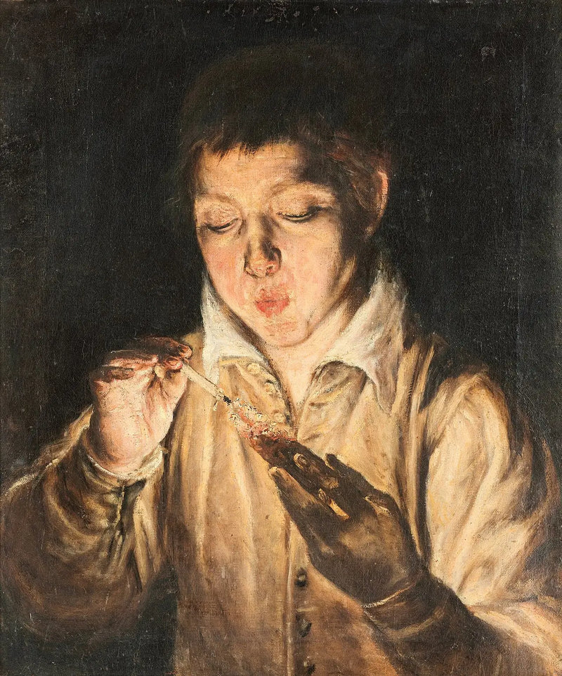 Young Boy blowing on a log - El Greco