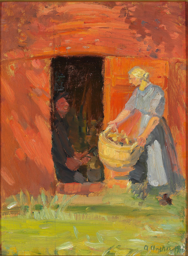 Young woman carrying laundry in front of a red house in Skagen. - Anna Ancher