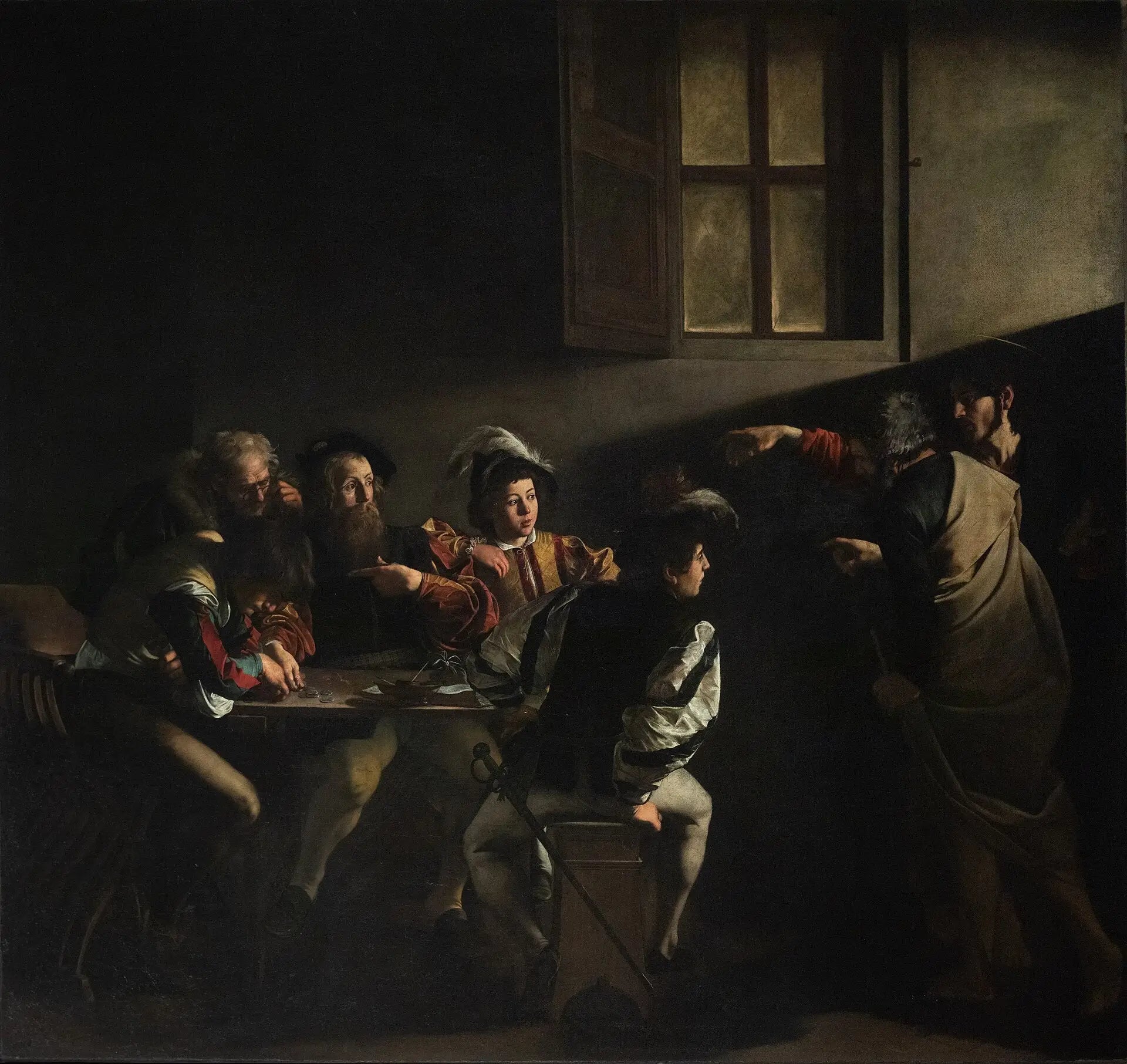 Reproduction du tableau « La Vocation de saint Matthieu - Le Caravage » par Alpha Reproduction en peinture à l’huile