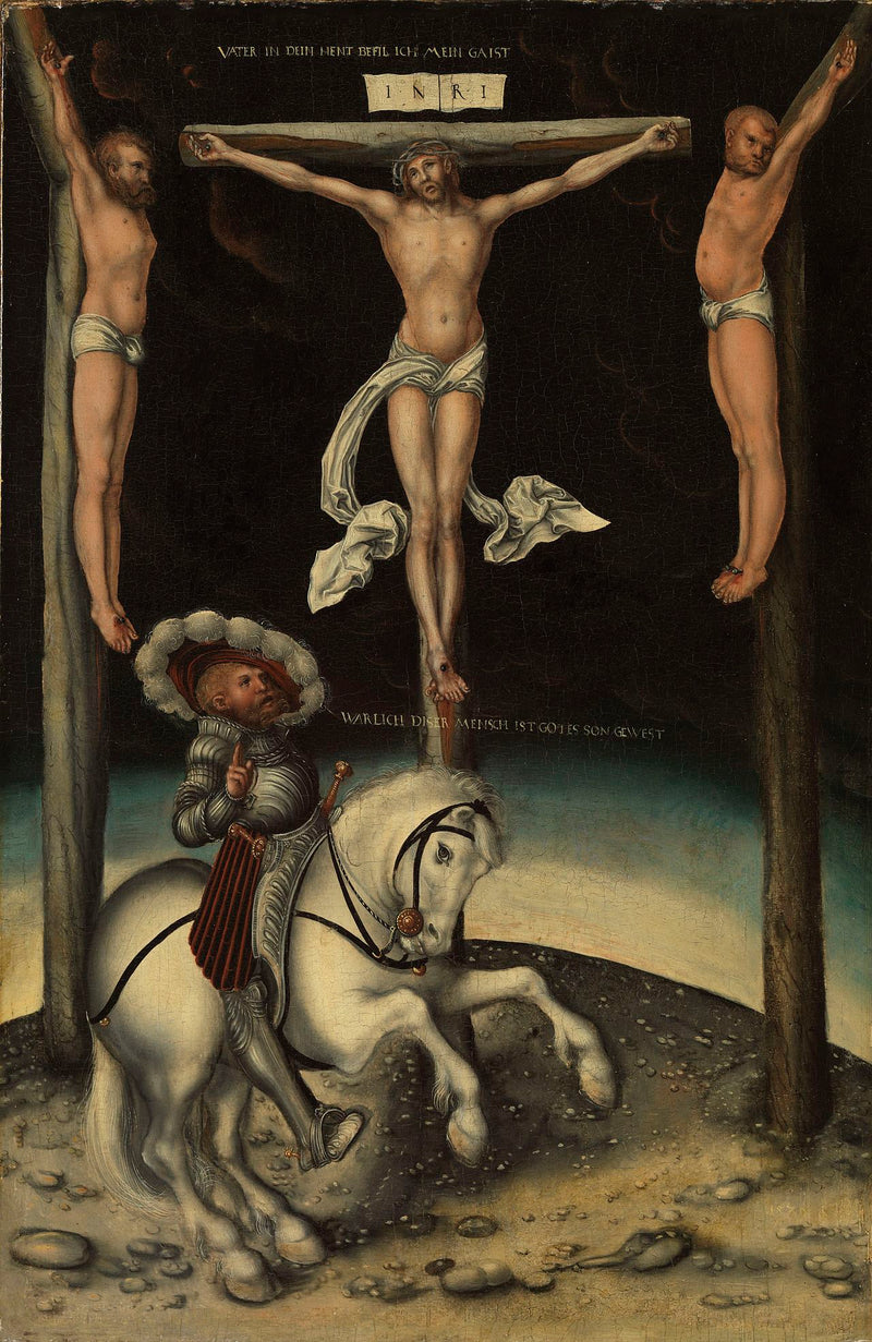 Longinus the Centurion among the crosses of Christ and the two thieves - Lucas Cranach the Elder