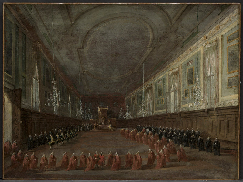 Pope Pius VI descending from the throne to take leave of the doge in the Hall of Saints John and Paul, 1782 - Francesco Guardi