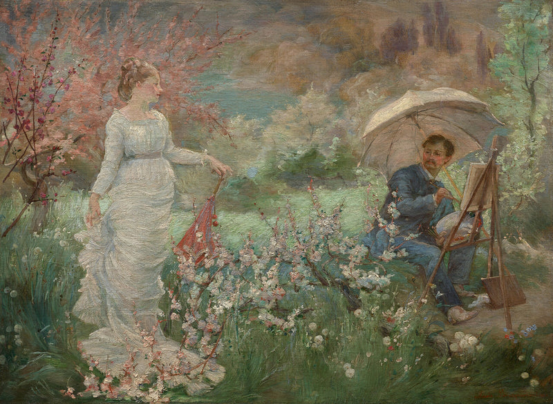 The painter and his model in a flowering garden - Marie Bracquemond