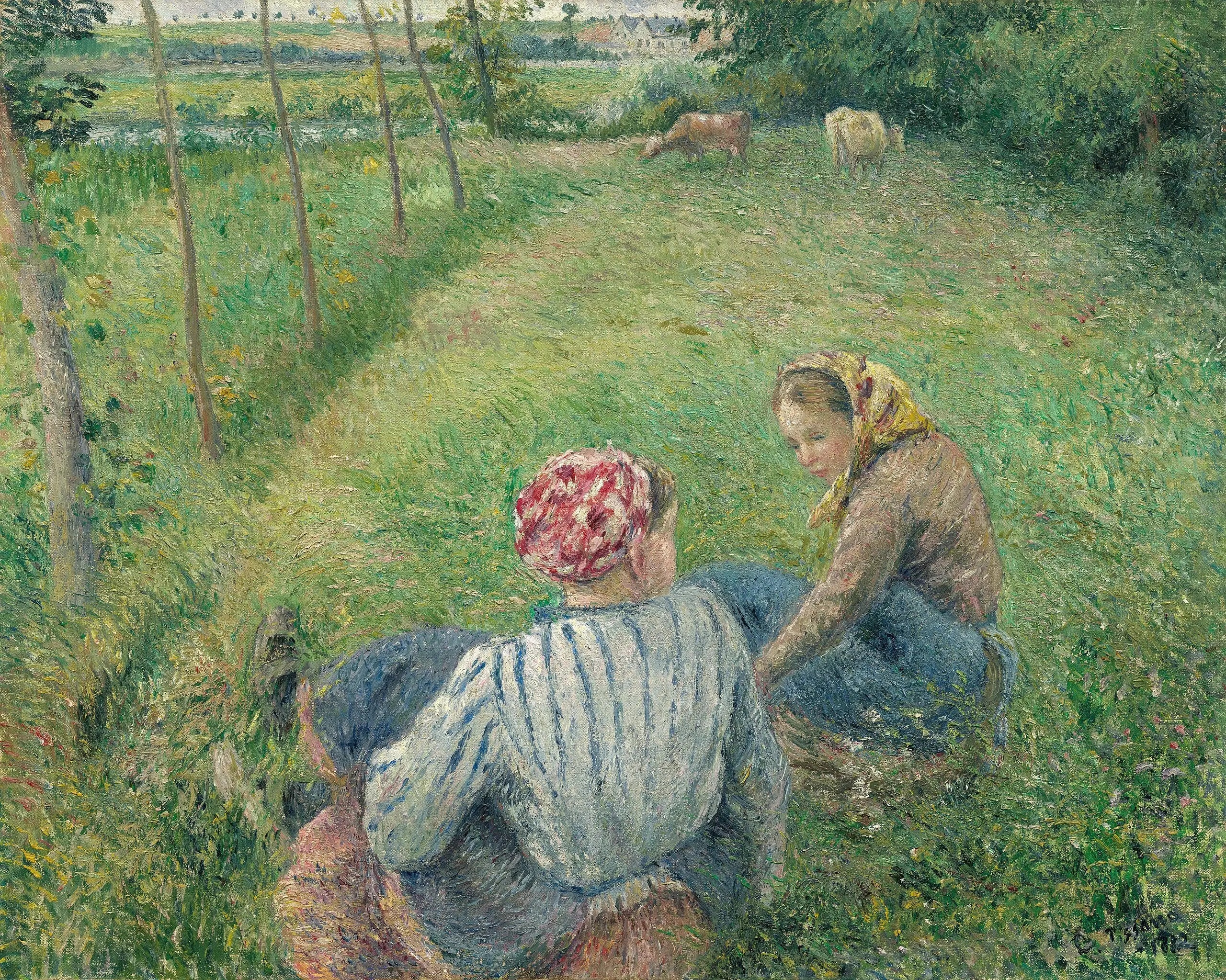Reproduction du tableau « Les jeunes filles de paysans de repos dans les champs près de Pontoise - Camille Pissarro » par Alpha Reproduction en peinture à l’huile