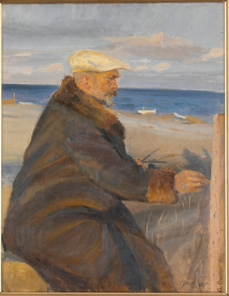 Michael Ancher walks by the beach (Michael Ancher drawing on the beach) - Anna Ancher