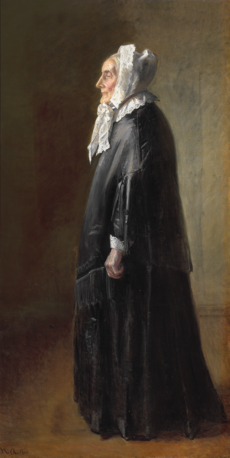 Ms. Brøndum standing in full face. -Michael Peter Ancher