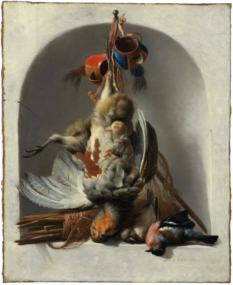 Still life with birds and hunting equipment in a niche - Melchior de Hondecoeter
