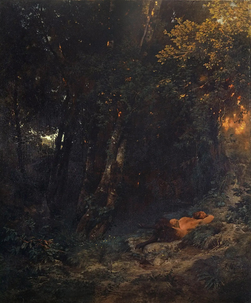 Forested landscape with Pan resting - Arnold Böcklin