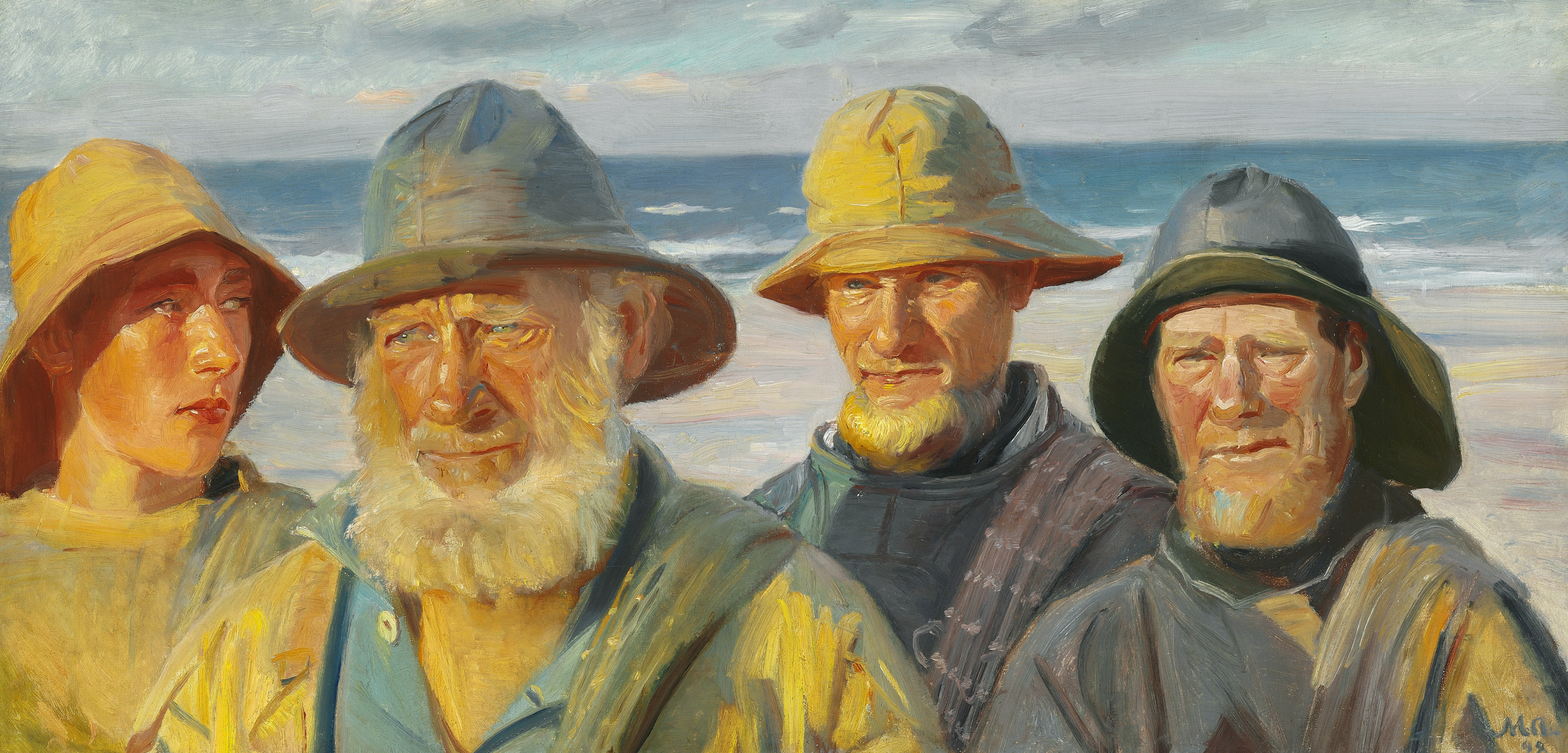 Four fishermen stand in the sun on Skagen beach - Michael Peter Ancher