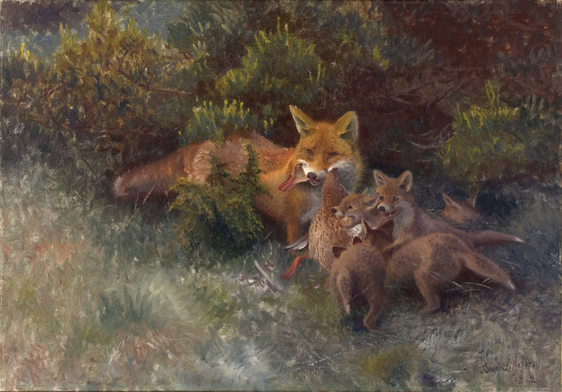 Fox with her cubs - Bruno Liljefors