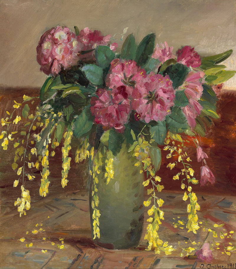 Pink rhododendrons and laburnum in a green vase - Anna Ancher