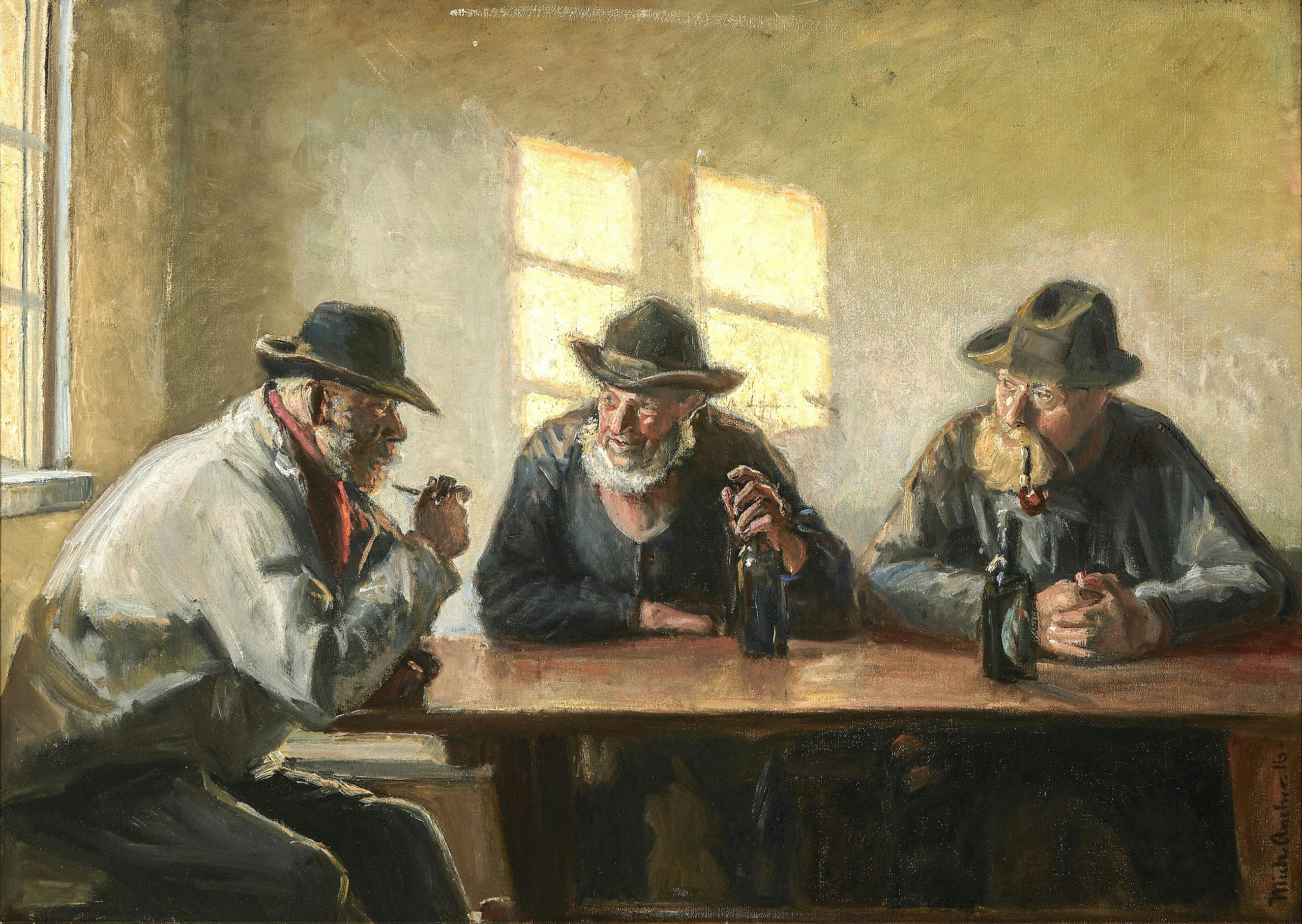 Three fishermen in Brøndum's shop. (1916). - Michael Peter Ancher