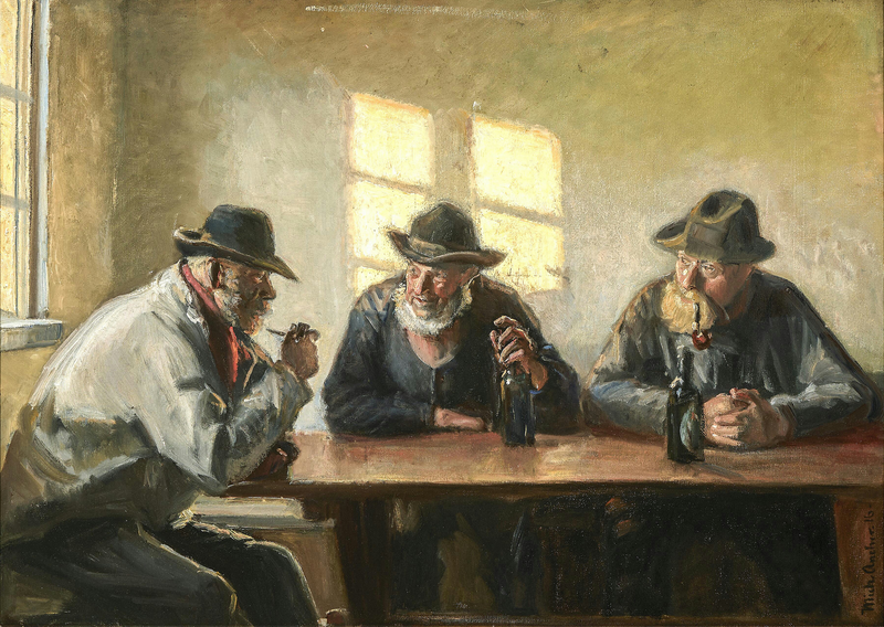 Three fishermen in Brøndum's shop. (1916). - Michael Peter Ancher