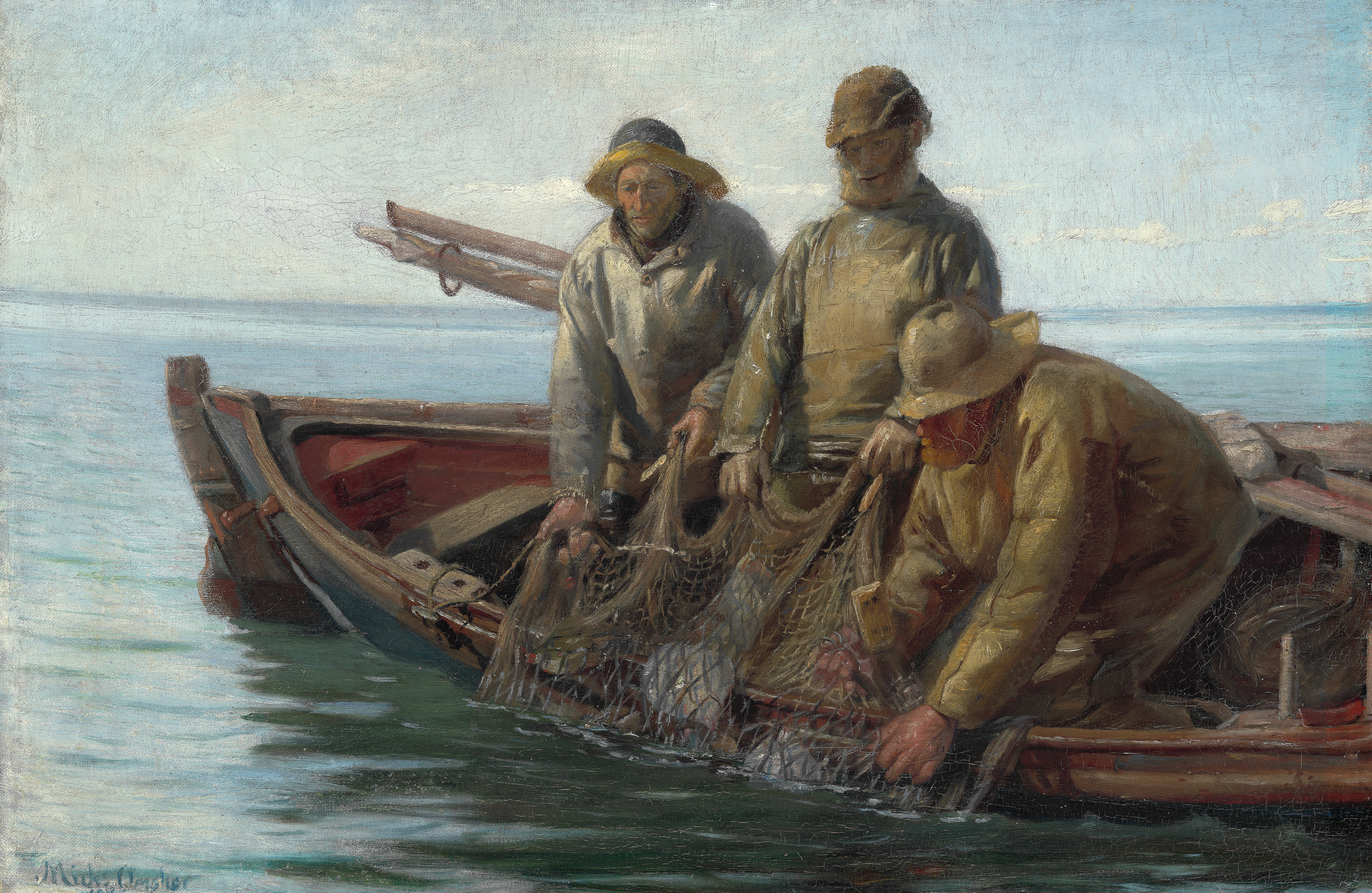Three fishermen from Skagen haul in their nets. - Michael Peter Ancher