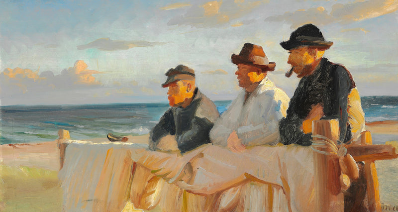 Three fishermen on Skagen beach, under the setting sun. - Michael Peter Ancher