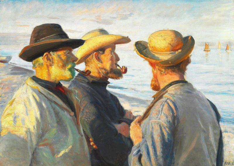 Three fishermen on Skagen beach, under the setting sun. - Michael Peter Ancher