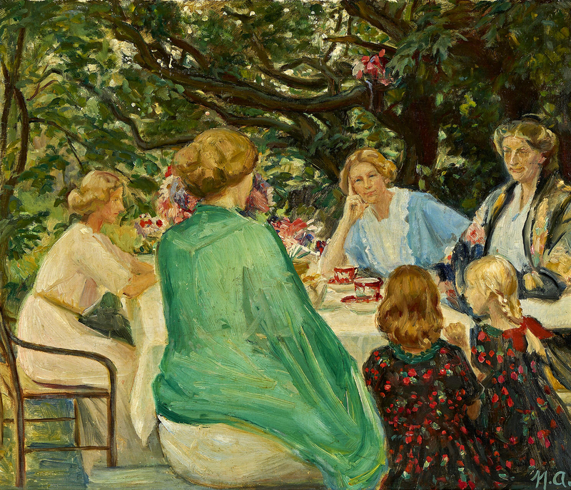 A party around a coffee in a garden in Skagen on a summer's day. - Michael Peter Ancher
