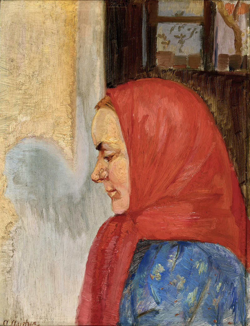 A young woman from Skagen wearing a red scarf, seen in profile. - Anna Ancher