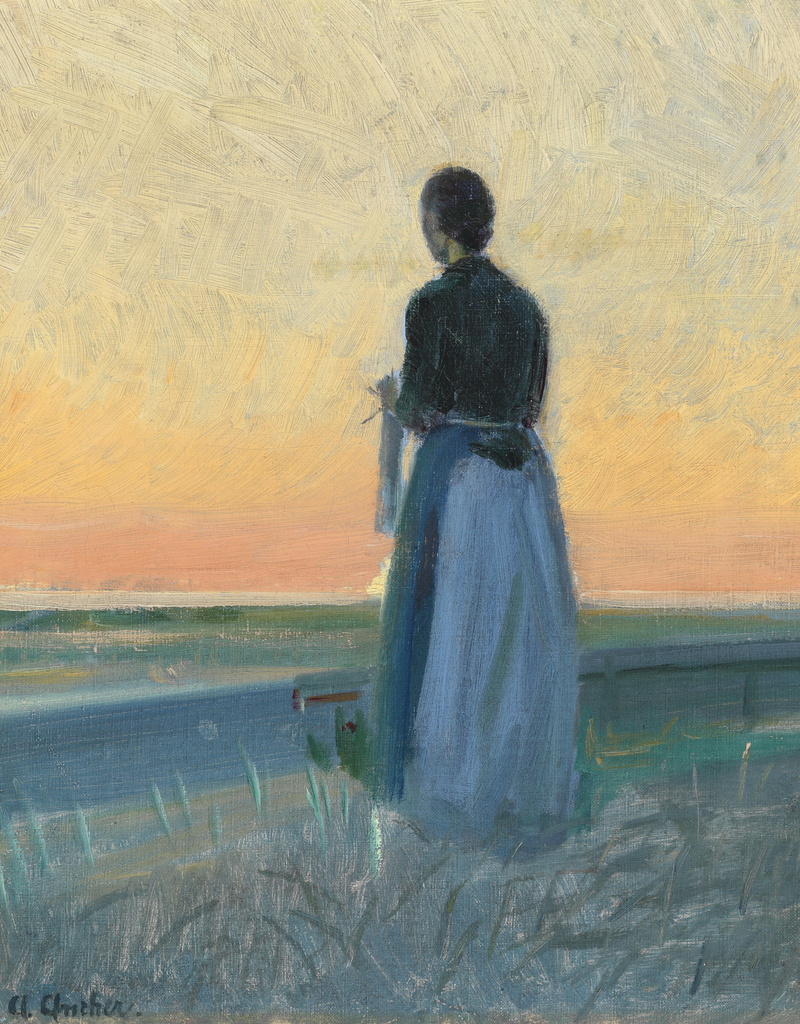 A young woman knitting, standing at sunset. - Anna Ancher