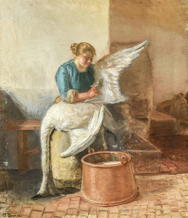 A young woman plucking a swan. - Anna Ancher