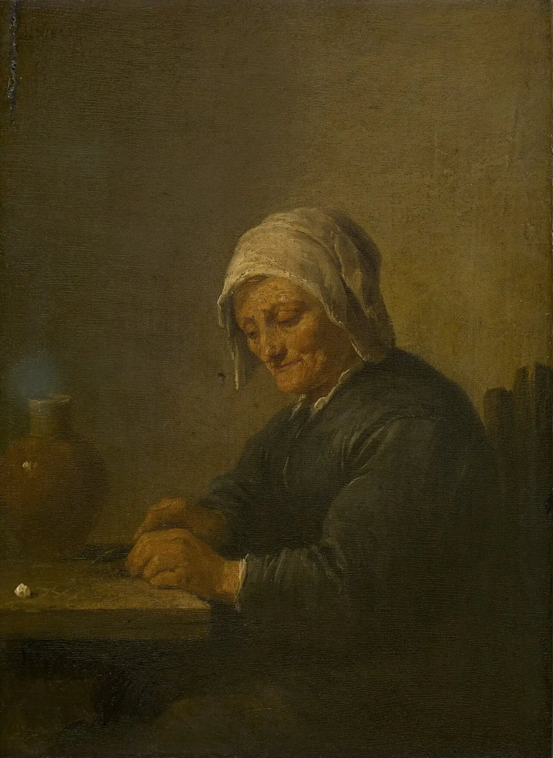 An old woman cutting tobacco - David Teniers the Younger