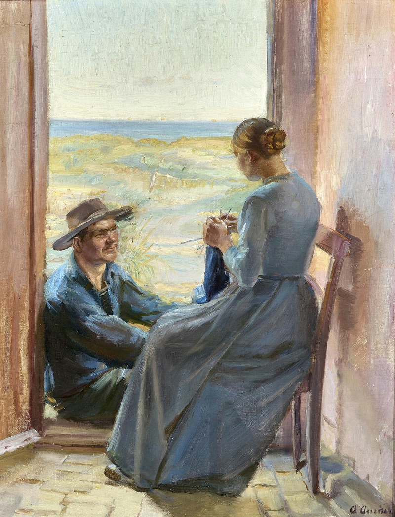 A young couple from Skagen sitting in a doorway overlooking the beach and the sea. - Anna Ancher