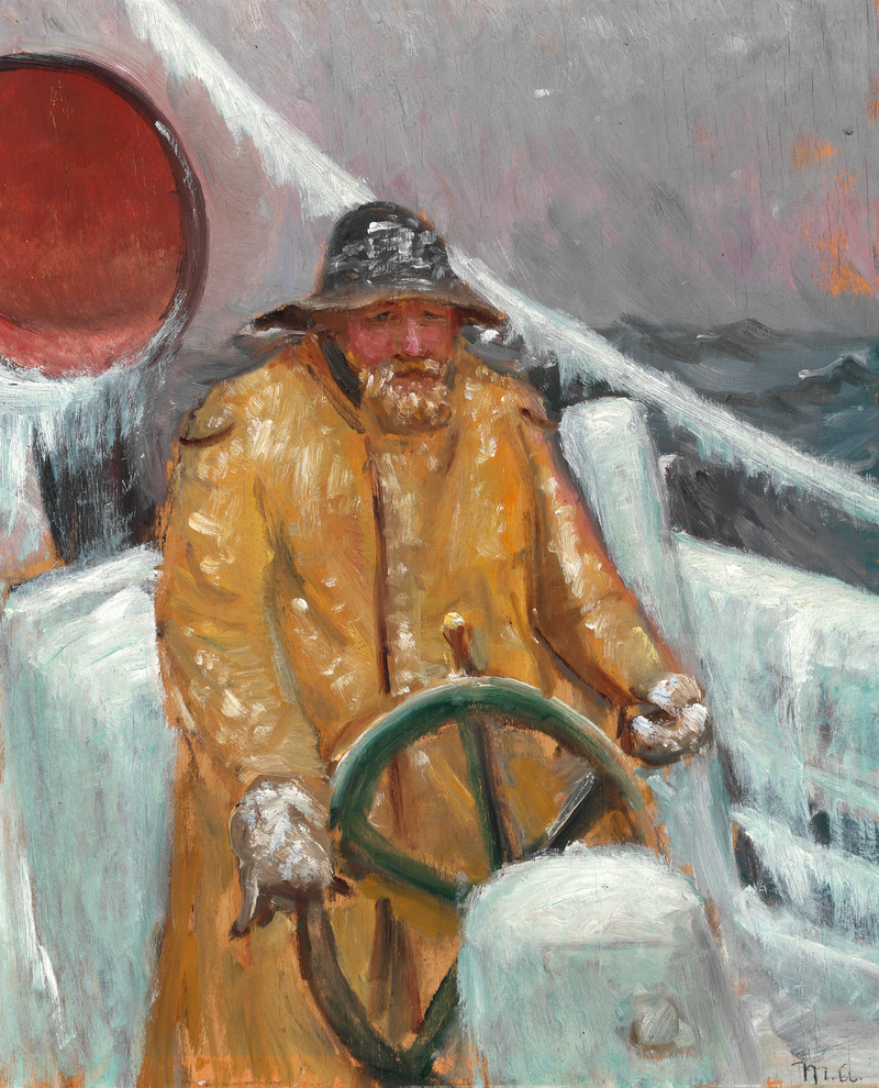 A fisherman at the helm of an ice-covered vessel. - Michael Peter Ancher