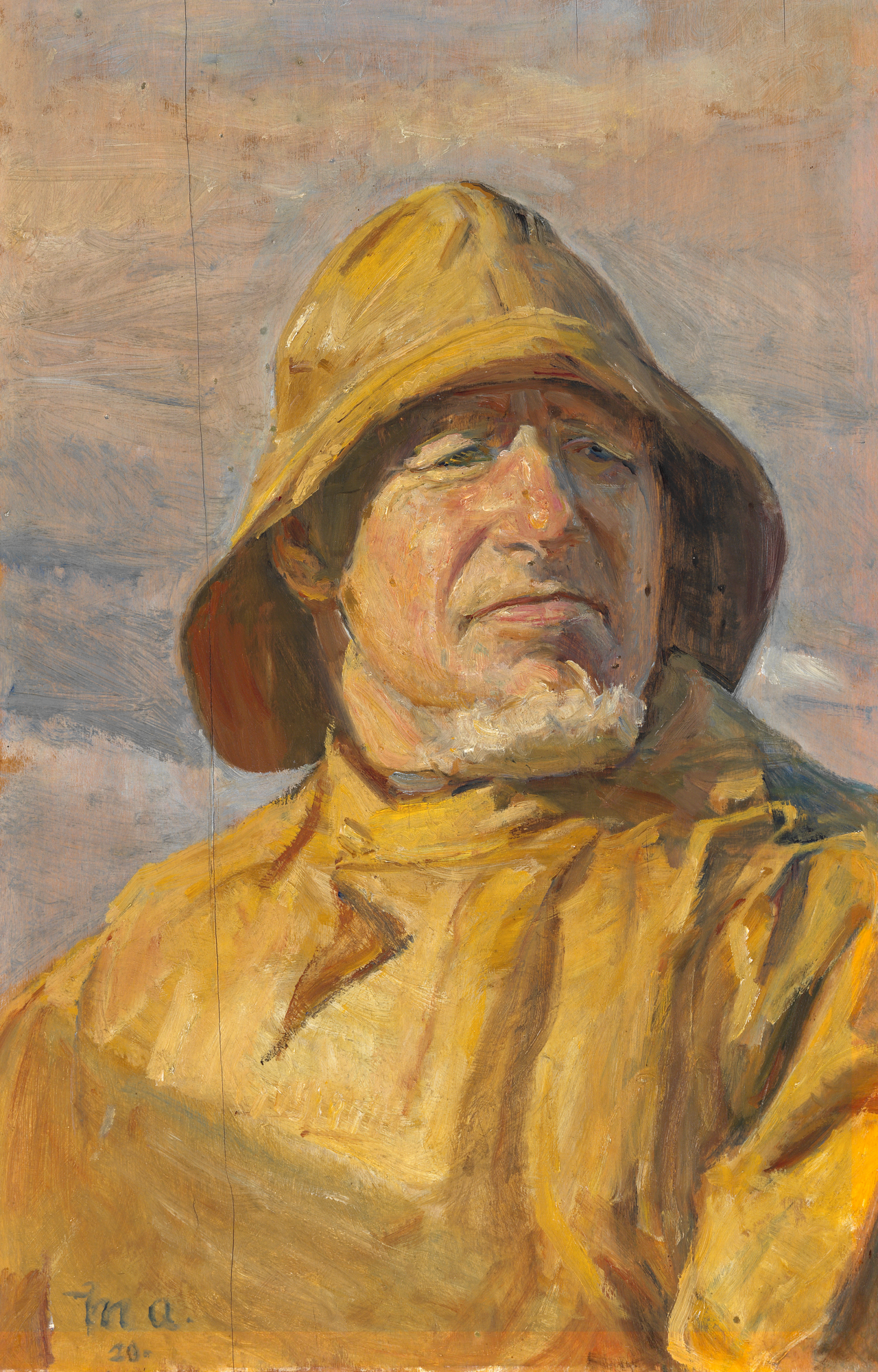 A fisherman from Skagen, dressed in a yellow oilskin and coat, squints in the bright sunlight. - Michael Peter Ancher