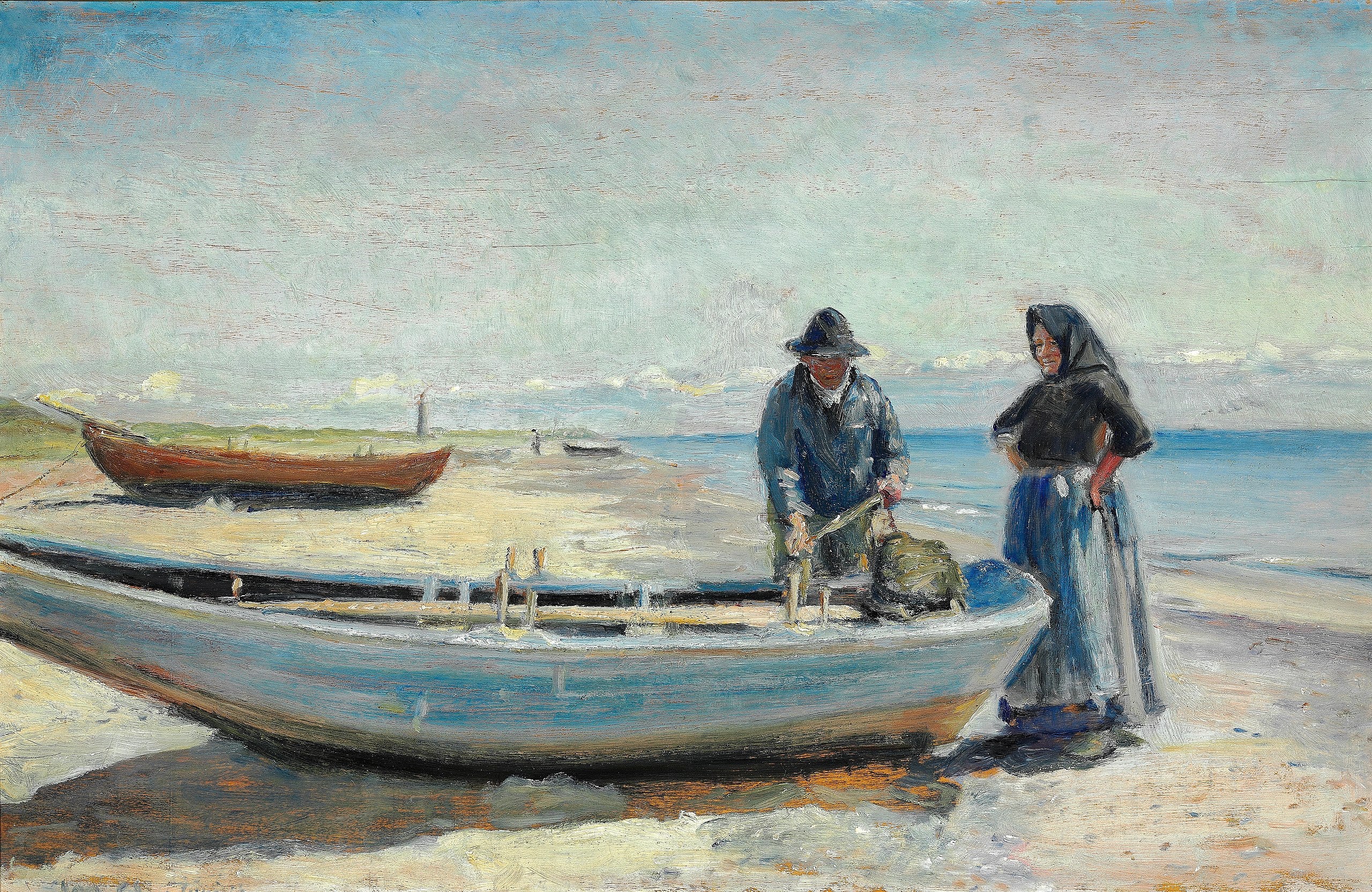 A fisherman and his wife on the beach at Skagen Sønderstrand, near a boat. A lighthouse looms on the horizon. - Michael Peter Ancher