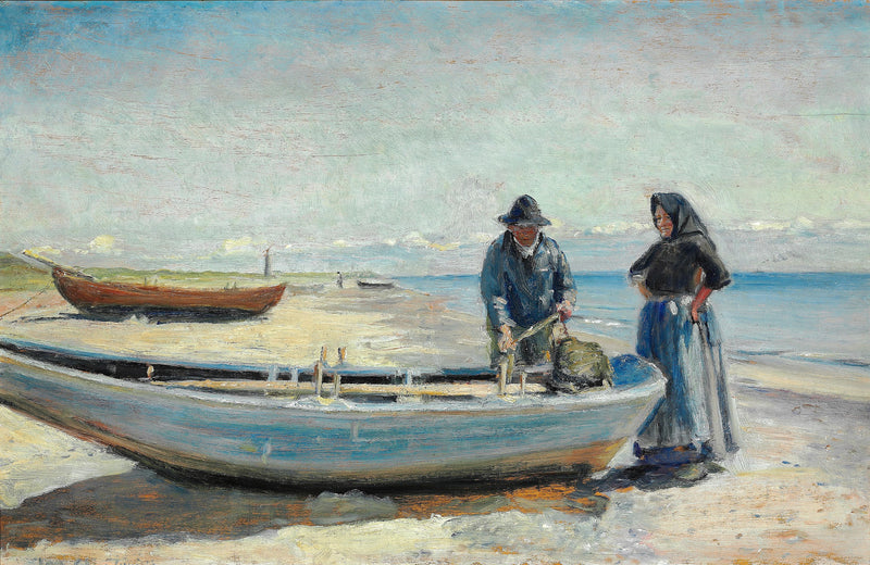 A fisherman and his wife on the beach at Skagen Sønderstrand, near a boat. A lighthouse looms on the horizon. - Michael Peter Ancher