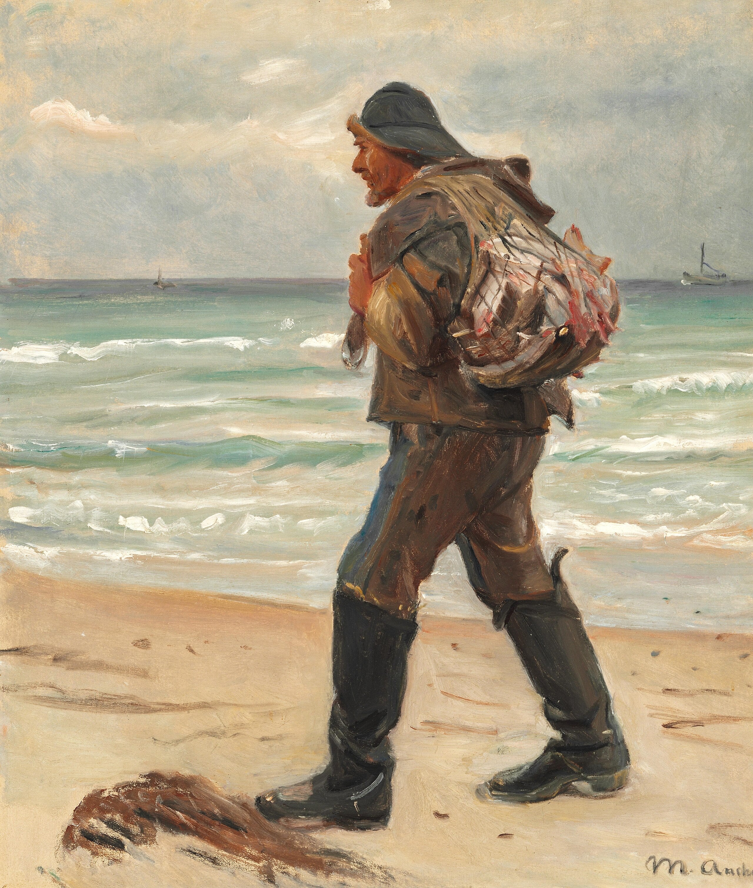 A fisherman on Skagen beach carries his daily catch on his back. - Michael Peter Ancher