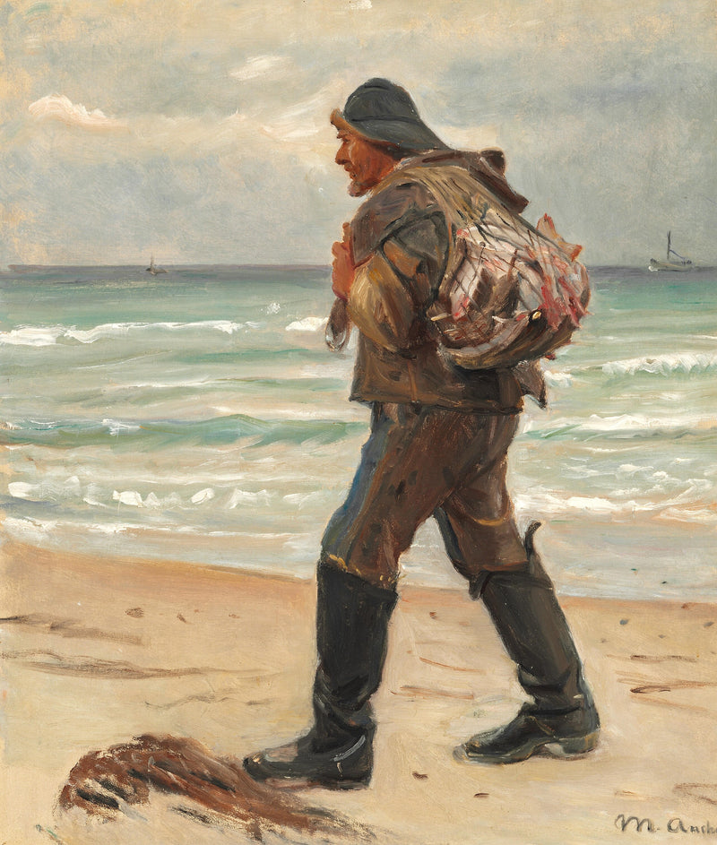 A fisherman on Skagen beach carries his daily catch on his back. - Michael Peter Ancher