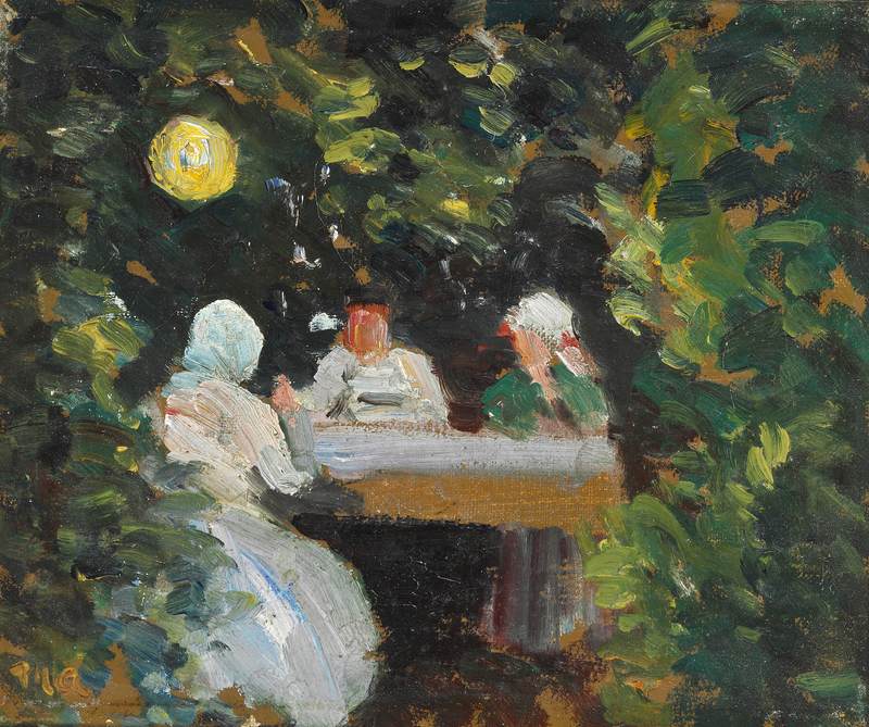 A small group gathered around the table by the light of a Chinese lantern - Michael Peter Ancher