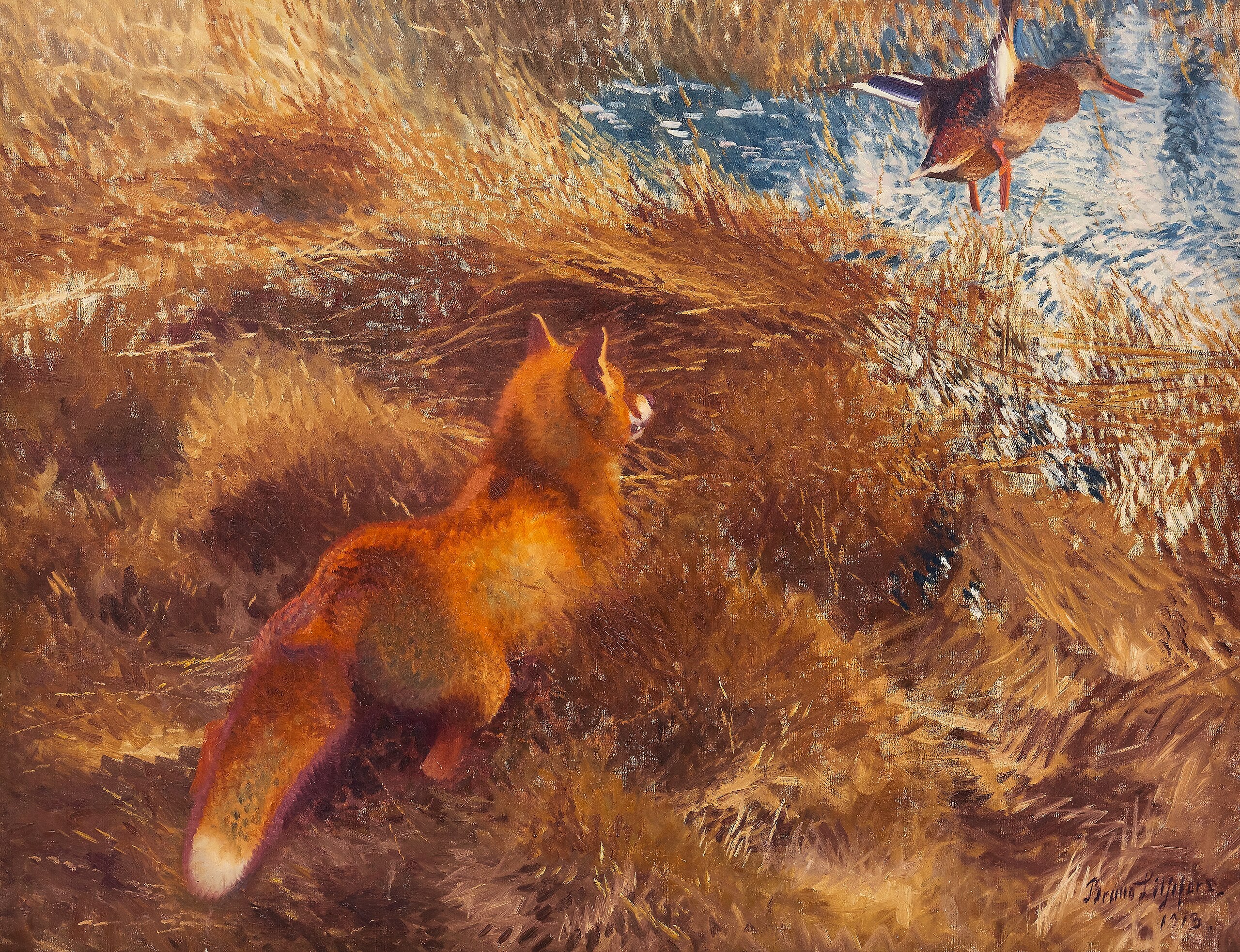 A fox chasing a duck - Bruno Liljefors