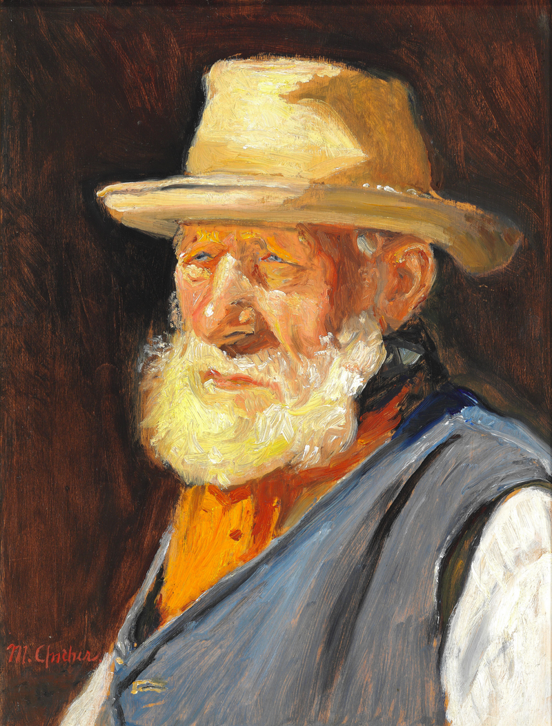 An old fisherman in the sun, wearing a light summer hat and a blue vest. - Michael Peter Ancher