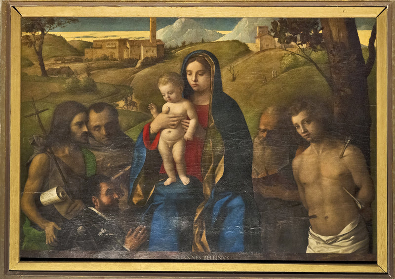 Virgin and Child with Four Saints (John the Baptist, Francis, Jerome, and Sebastian (from left to right)) and the Donor - Giovanni Bellini