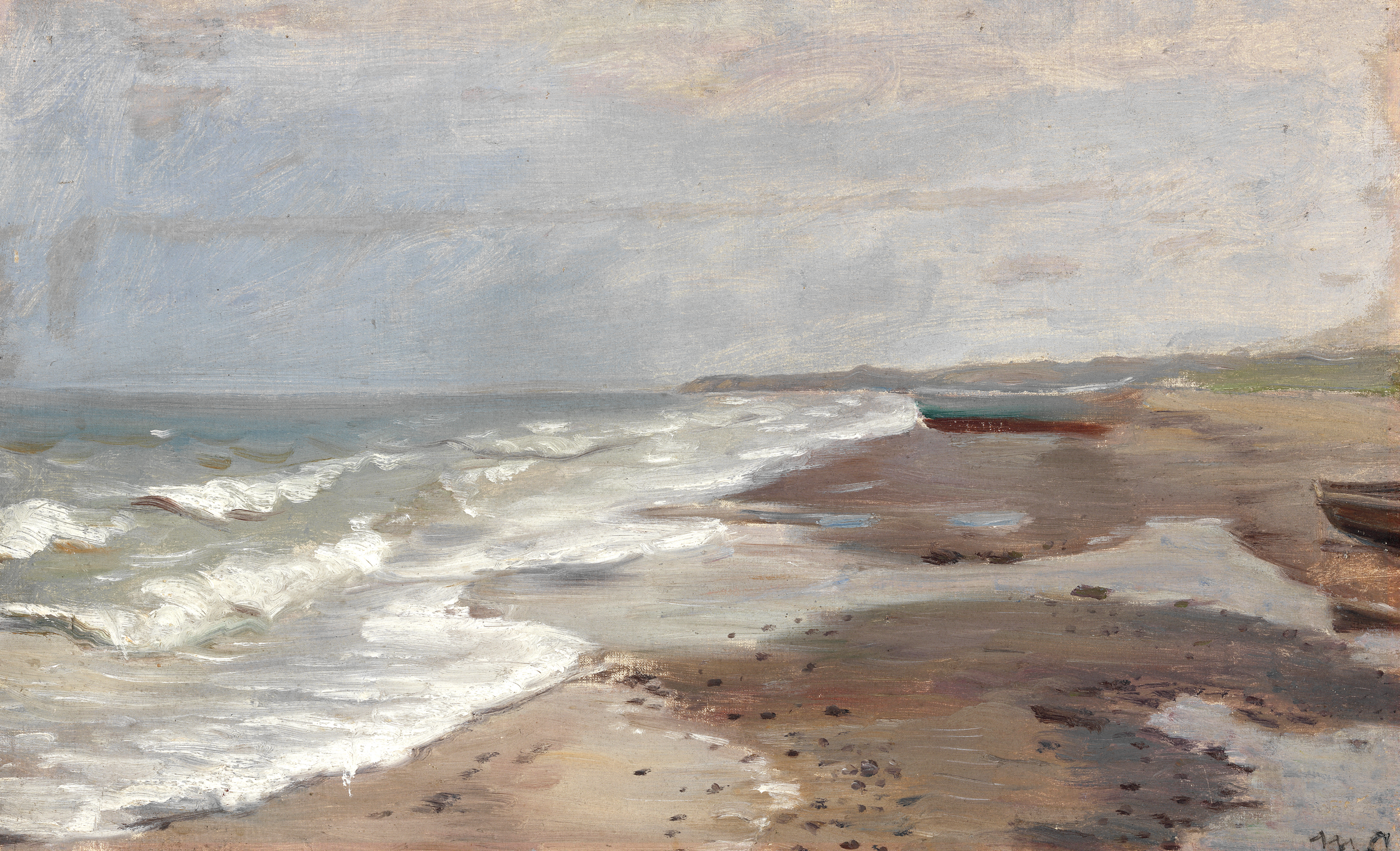 Coastal view from Skagen beach with fishing boats on the shore. - Michael Peter Ancher