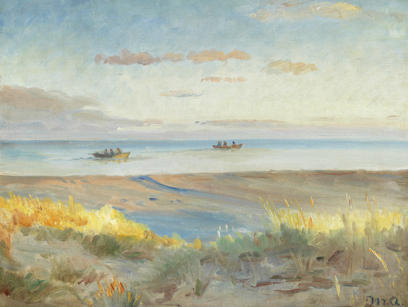 View of Skagen beach at sunset. Fishermen in rowboats on the sea. - Michael Peter Ancher