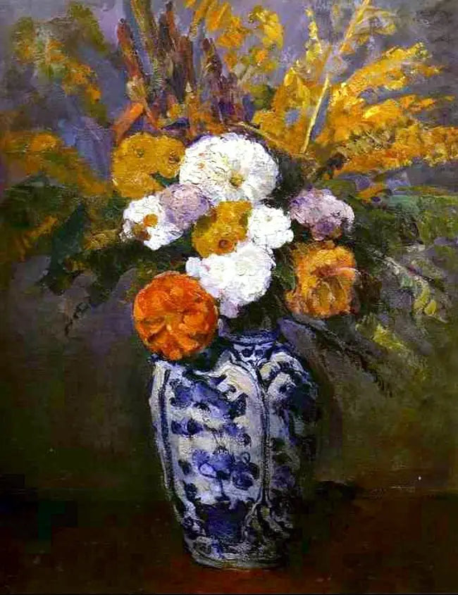 Dahlias in a large Delft vase - Paul Cézanne