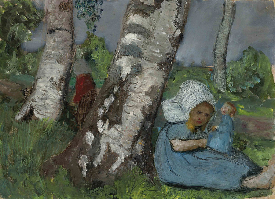Kind mit Puppe am Birkenstamm sitzend (1902) - Paula Modersohn-Becker