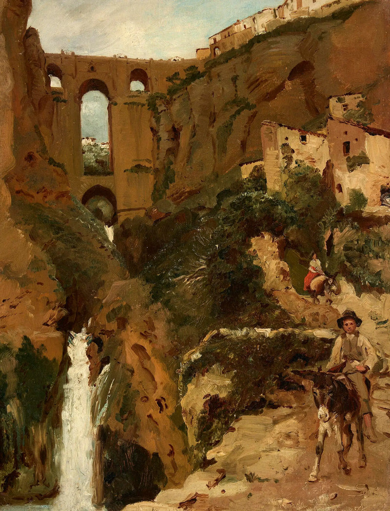 Bridge overlooking a rocky gorge. Two riders. Ronda, Spain. - Peder Severin Krøyer