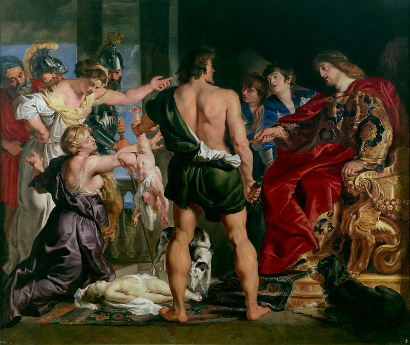 The Judgment of Solomon: Solomon renders his verdict; he orders a soldier to divide the living child in two; the true mother opposes Solomon's verdict (1 Kings 3:25-27) - Peter Paul Rubens